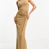 Flounce London High Neck Maxi Dress With Ruched Detail In Camel
