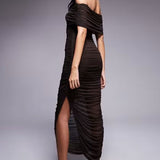 Forever New Mesh Ruched Asymmetrical Midaxi Dress in Espresso