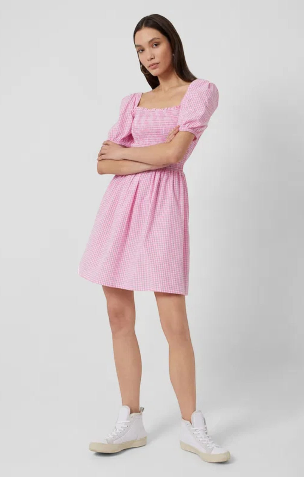 French Connection Artina Gingham Smocked Mini Dress – dresses by French Connection, available to rent from Hirestreet