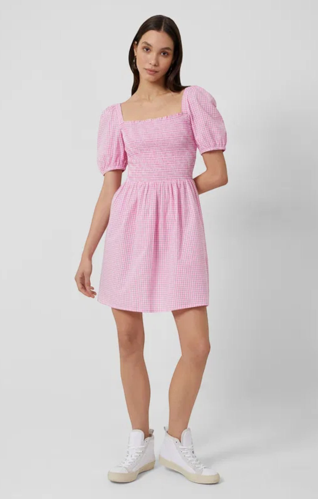 French Connection Artina Gingham Smocked Mini Dress – dresses by French Connection, available to rent from Hirestreet