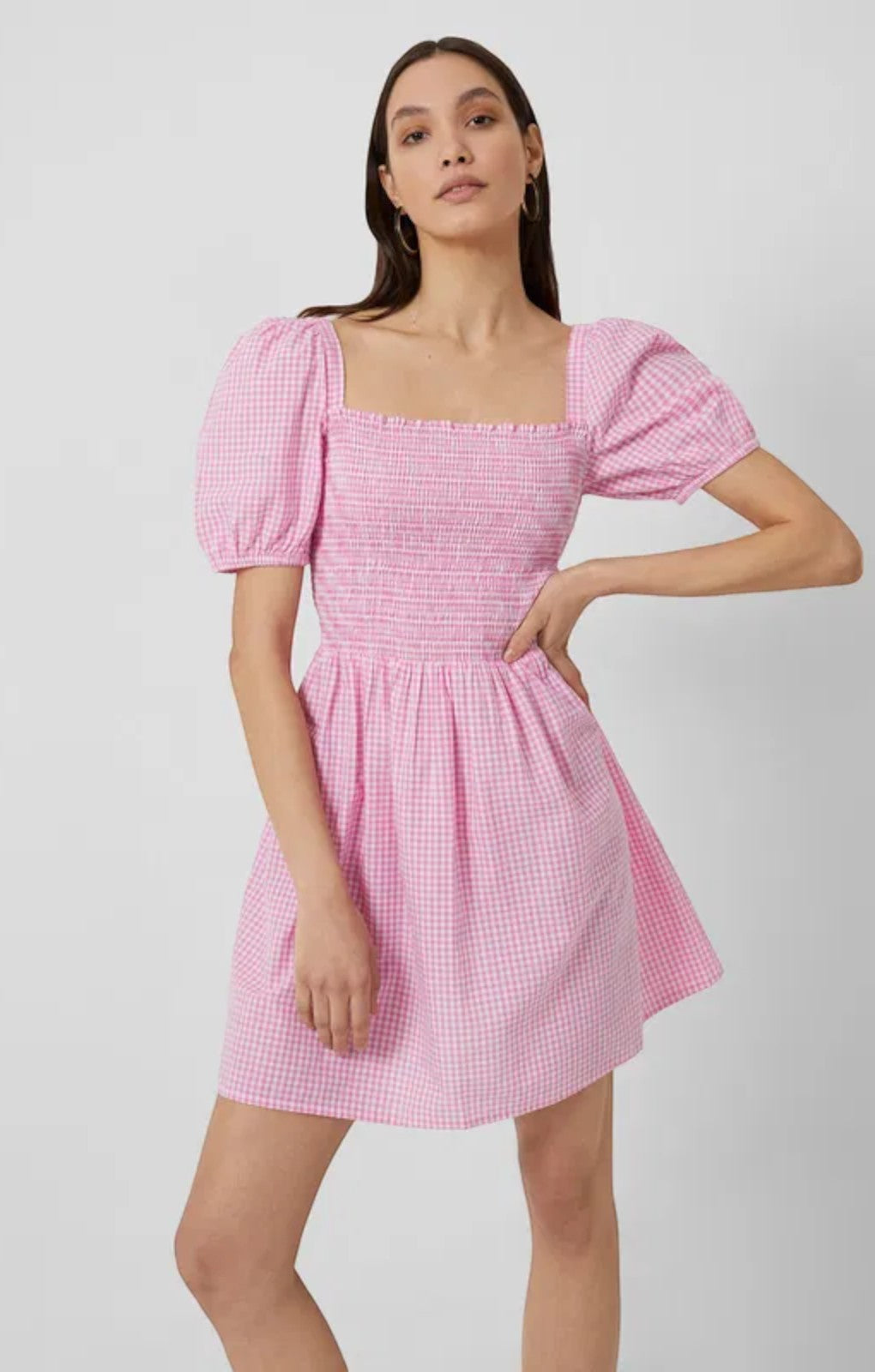 French Connection Artina Gingham Smocked Mini Dress – dresses by French Connection, available to rent from Hirestreet