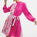 French Connection Eugine Crepe Pleated High Neck Mini Dress in Wild Rosa
