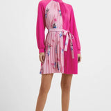 French Connection Eugine Crepe Pleated High Neck Mini Dress in Wild Rosa