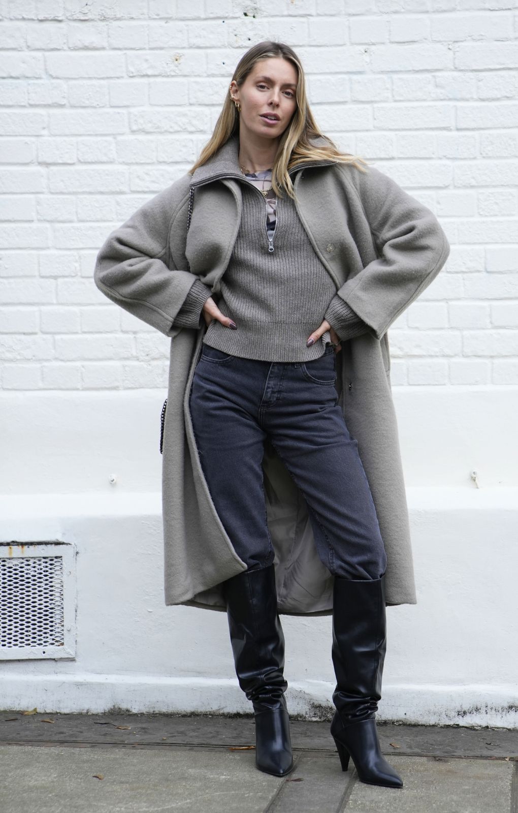 Merino Wool Blend Knitted Chunky Rib Half Zip Sweater In Taupe