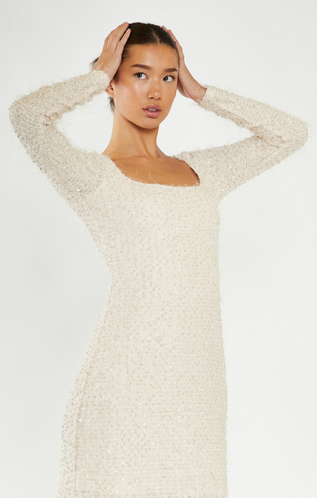 Glamorous Nude Textured Embellished Midi Dress