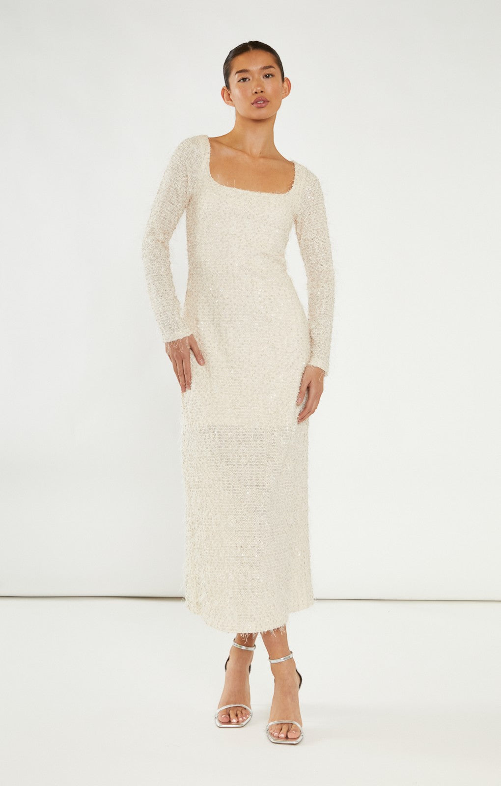 Glamorous Nude Textured Embellished Midi Dress