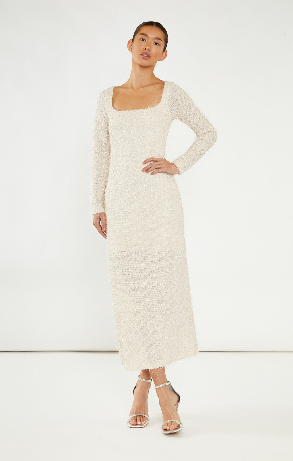 Glamorous Nude Textured Embellished Midi Dress