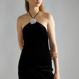 Glamorous Black Velvet Corsage Halter Mini Dress