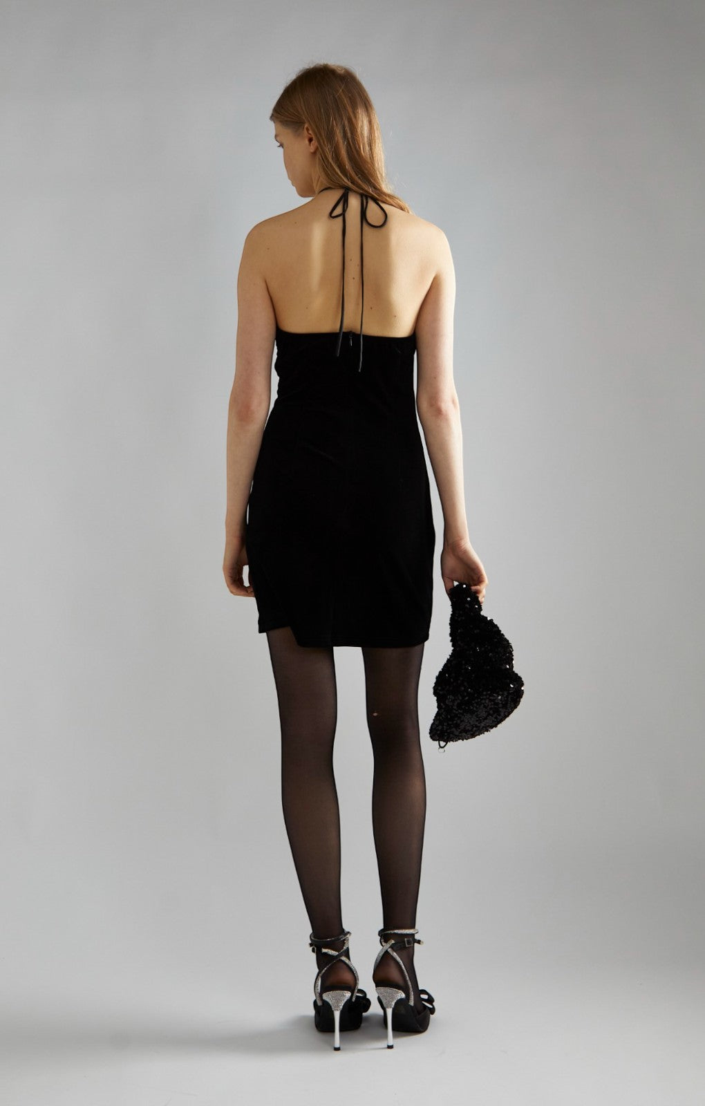 Glamorous Black Velvet Corsage Halter Mini Dress