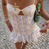 Asos Luxe Corsetted Ruched Lace Mini Dress In Blue Floral