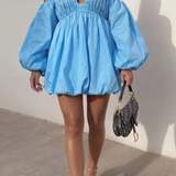 Asos Design Cotton Ruched Bandeau Mini Dress With Off Shoulder Puff Sleeve In Turquoise