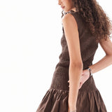 Ghospell Athena Shirred Mini Dress in Chocolate Brown