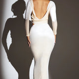 Oh Polly Ginevra Velvet Long Sleeve Maxi Dress in Ivory