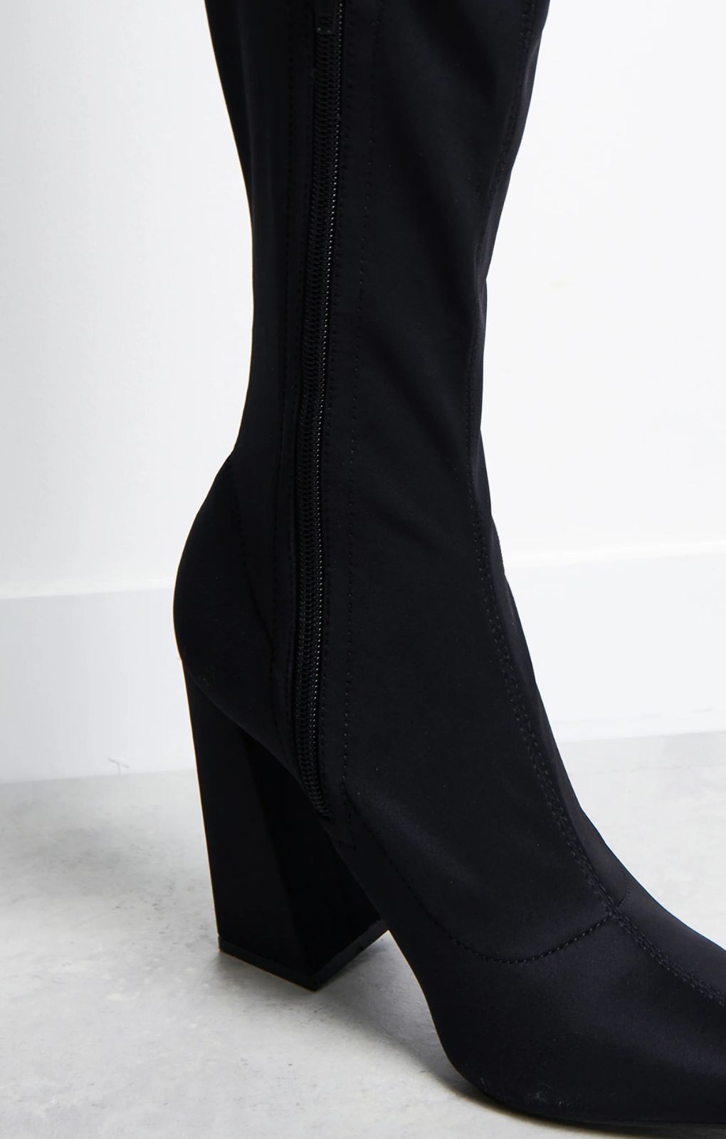 Glamorous Block Heel Knee Boot In Black – shoes by Glamorous Wide Fit, available to rent from Hirestreet