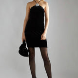 Glamorous Black Velvet Corsage Halter Mini Dress