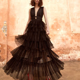 True Decadence Eliza Black Plunge Tiered Tulle Maxi Dress