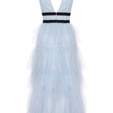 True Decadence Eliza Blue Plunge Tiered Tulle Maxi Dress