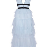 True Decadence Eliza Blue Plunge Tiered Tulle Maxi Dress