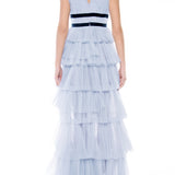 True Decadence Eliza Blue Plunge Tiered Tulle Maxi Dress