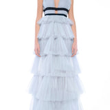 True Decadence Eliza Blue Plunge Tiered Tulle Maxi Dress