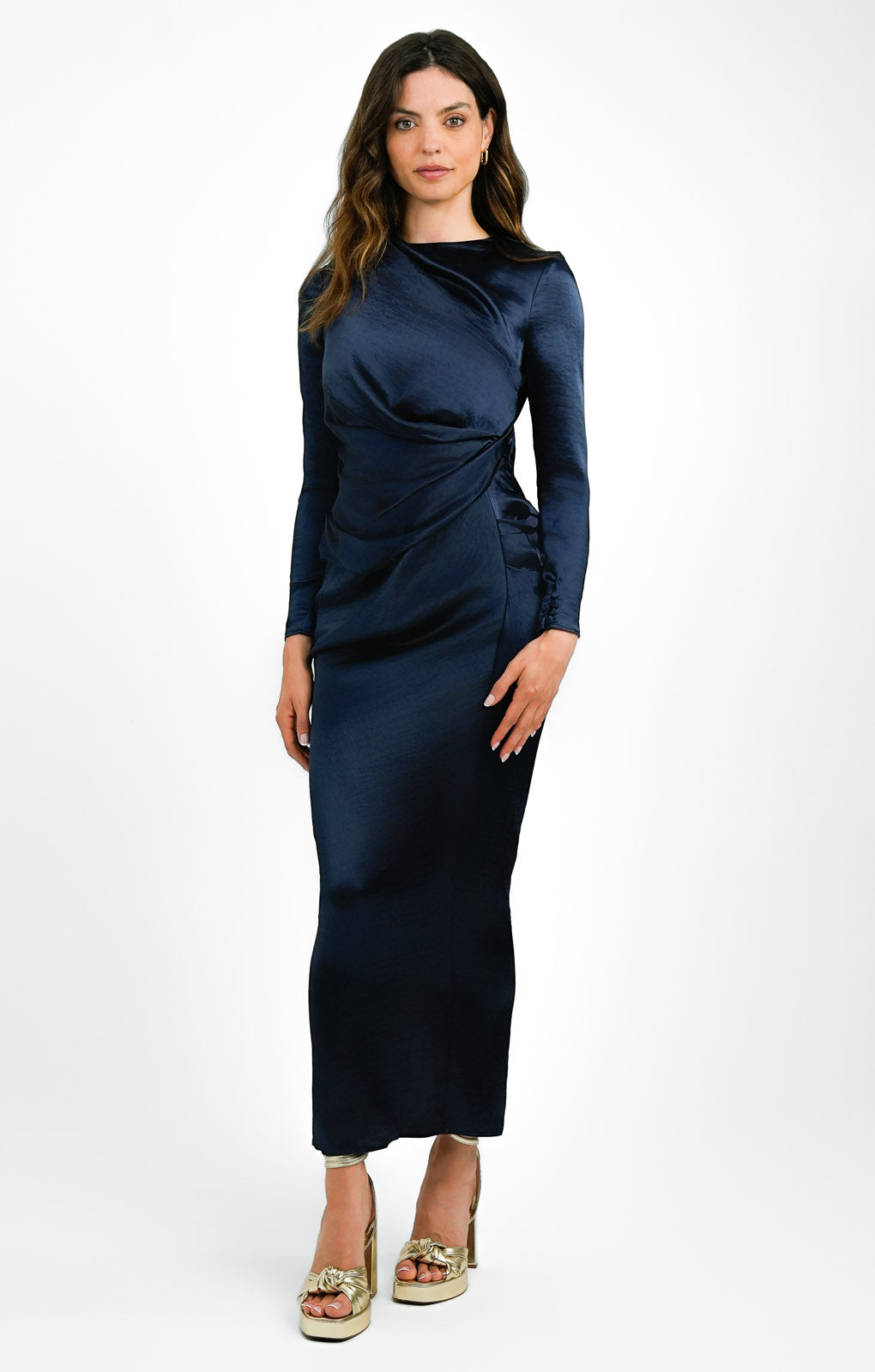 ASOS DESIGN Satin High Drape Neck Maxi With Long Sleeves In Navy