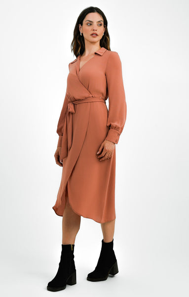 Rent ASOS DESIGN Collared Wrap Midi Dress With Tie Belt In Terracotta