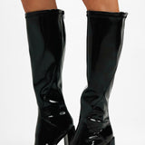 Glamorous Wide Fit Block Heel Knee Boot In Black Patent Stretch