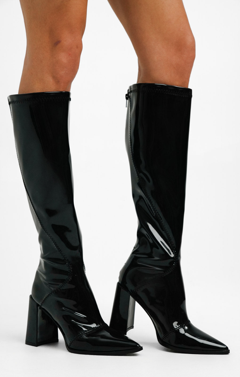 Glamorous Wide Fit Block Heel Knee Boot In Black Patent Stretch