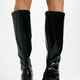 Glamorous Wide Fit Block Heel Knee Boot In Black Patent Stretch