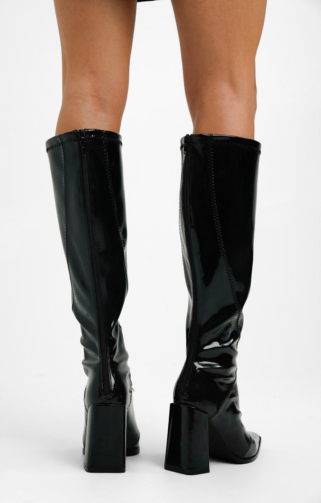 Glamorous Wide Fit Block Heel Knee Boot In Black Patent Stretch