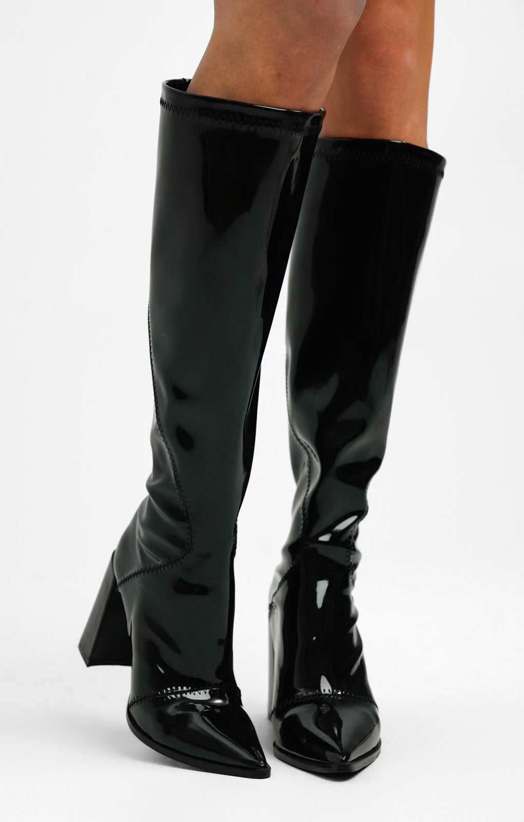 Glamorous Wide Fit Block Heel Knee Boot In Black Patent Stretch