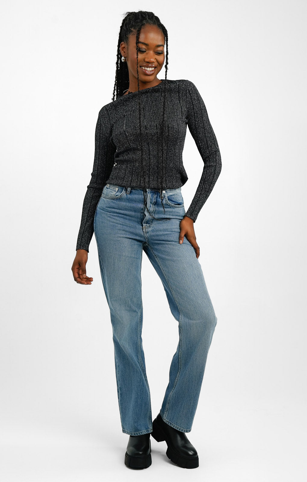 Topshop Straight Kort Jeans In Mid Blue
