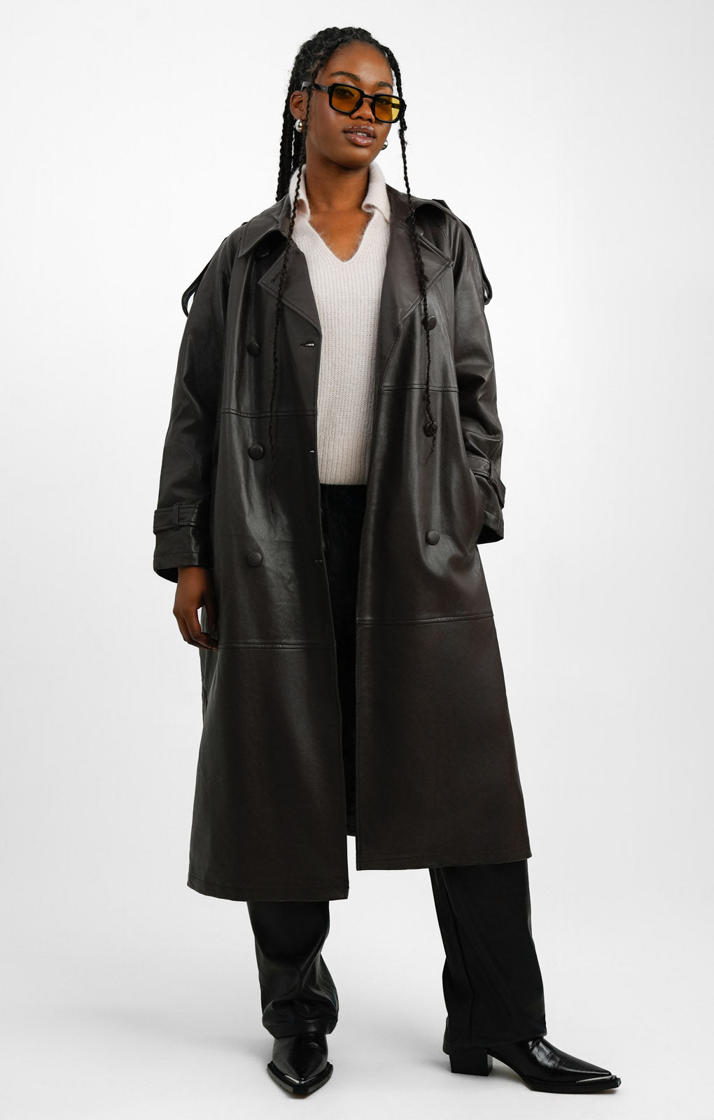 Topshop Faux Leather Trench Coat In Dark Chocolate