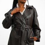 Topshop Faux Leather Trench Coat In Dark Chocolate