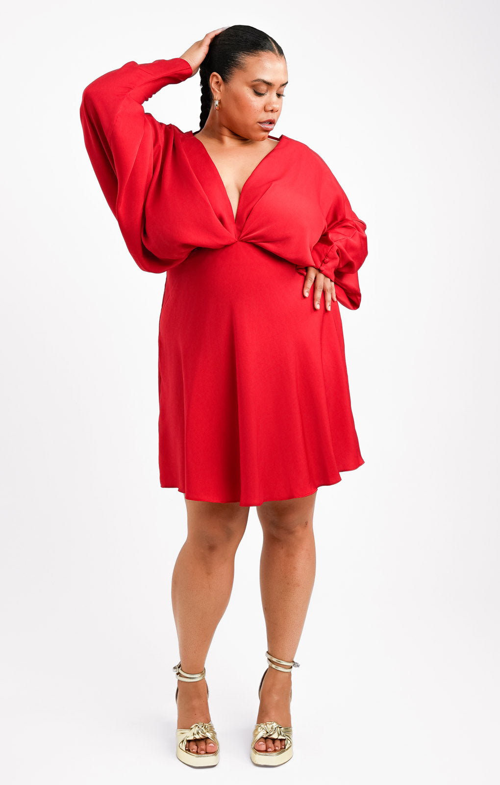 ASOS DESIGN Curve Batwing Satin Mini Dress With Bias Cut Skirt And Tie Back In Red