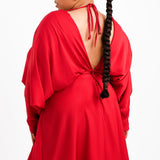 ASOS DESIGN Curve Batwing Satin Mini Dress With Bias Cut Skirt And Tie Back In Red