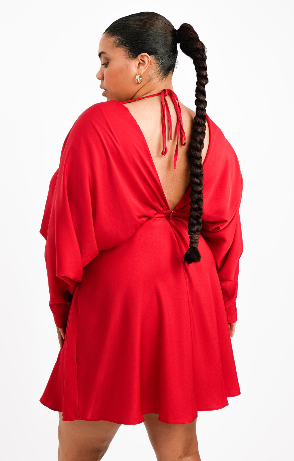 ASOS DESIGN Curve Batwing Satin Mini Dress With Bias Cut Skirt And Tie Back In Red