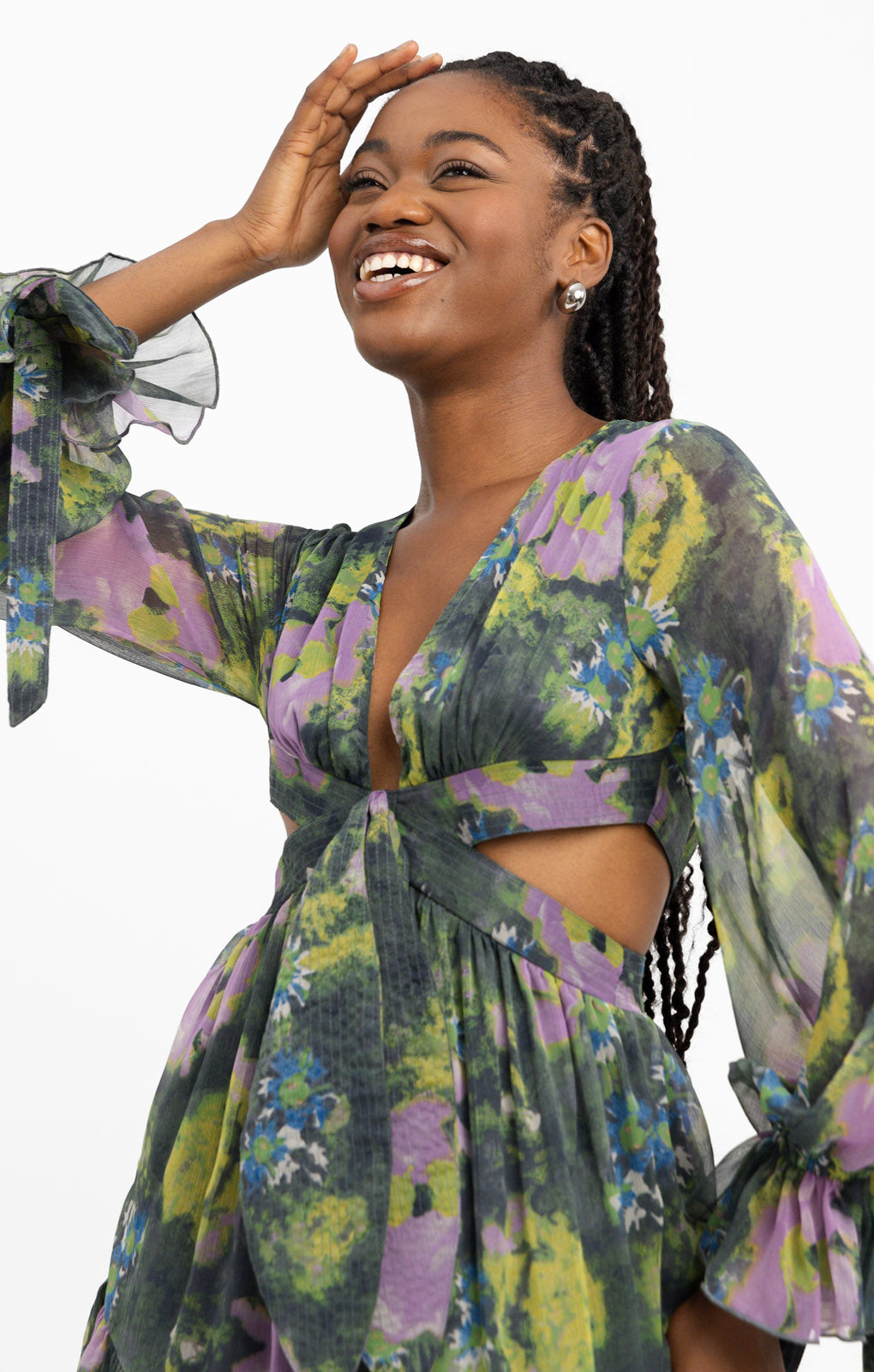 ASOS DESIGN Tie Front Soft Mini Dress With Cuff And Waist Detail In Green Floral Print