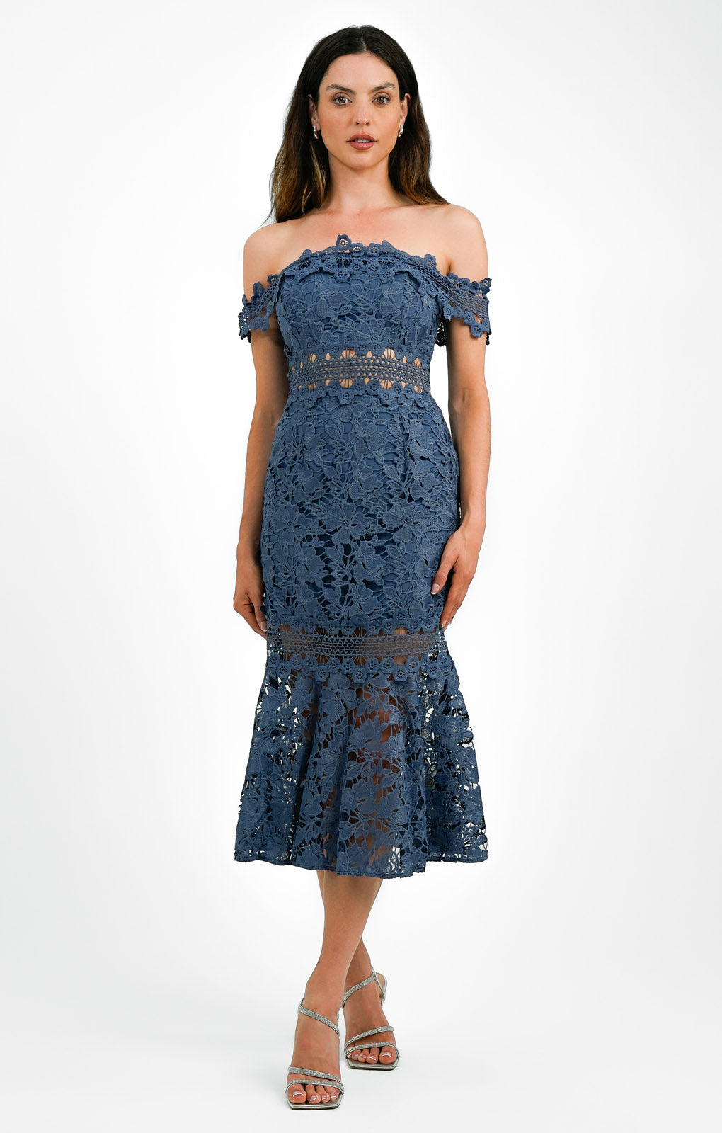 ASOS DESIGN Bardot Midi Dress With Pep Hem In Guipure Lace
