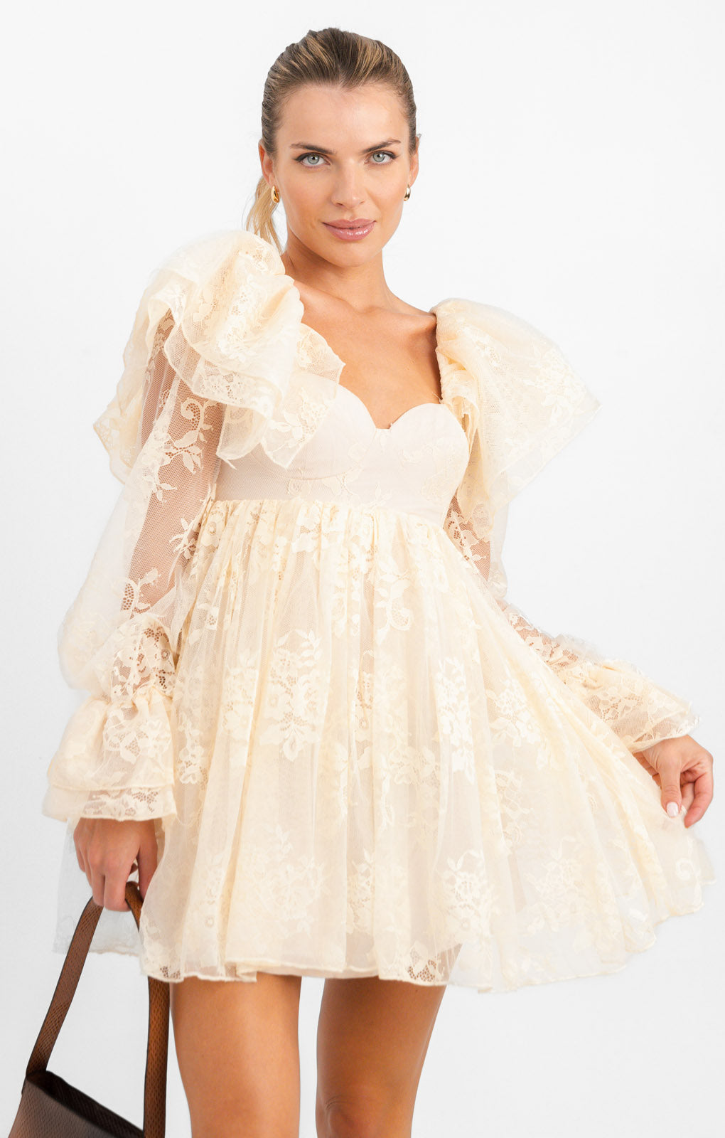 ASOS Luxe Lace Babydoll Mini Dress With Ruffle Shoulders In Blush