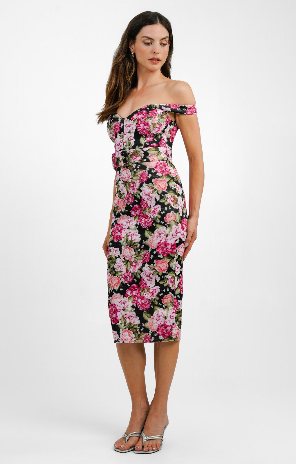 ASOS DESIGN Sweetheart Belted Midi Pencil Dress In Black Base Pink Floral
