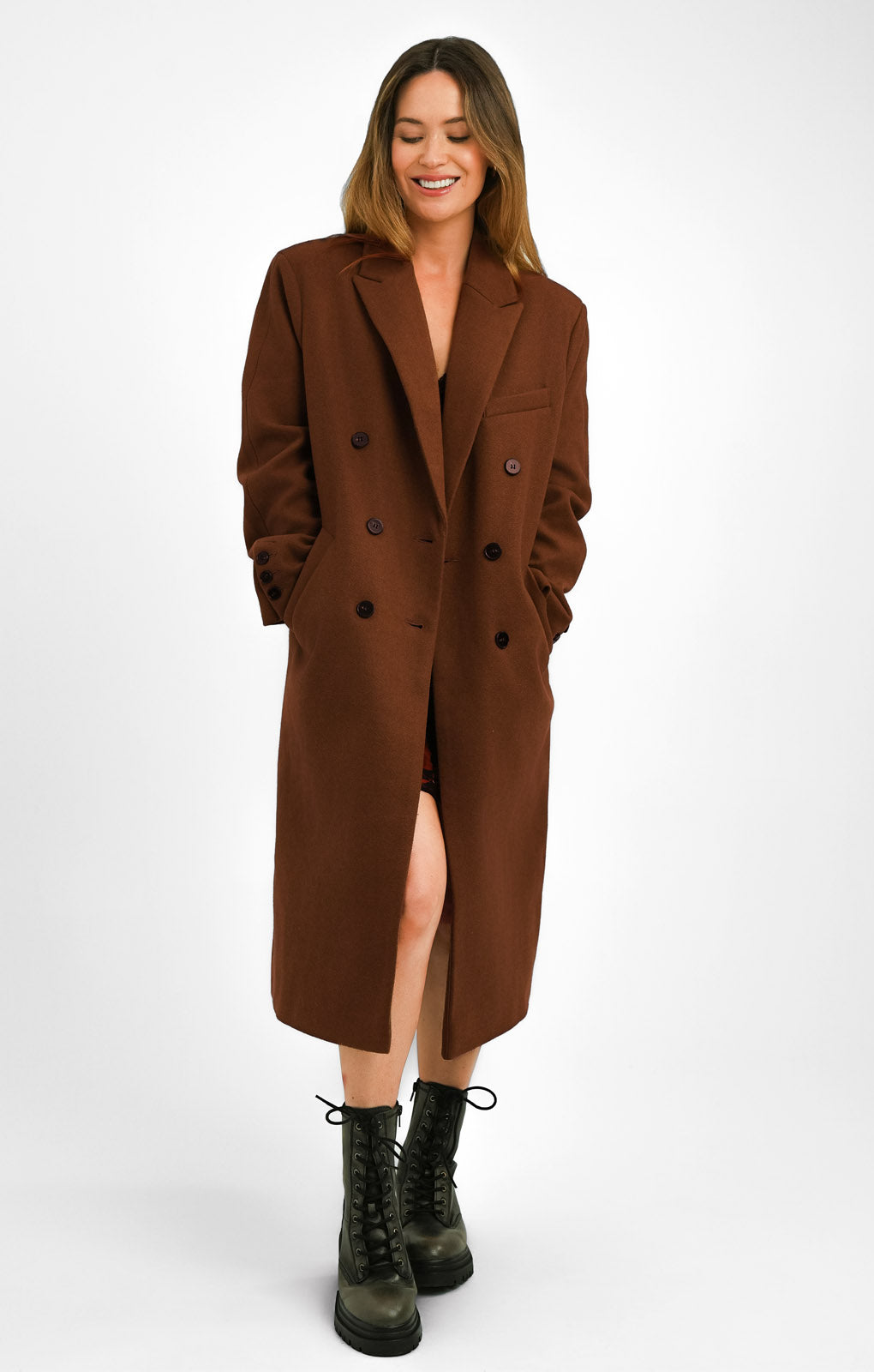 Topshop Petite Double Breasted Long Coat In Brown