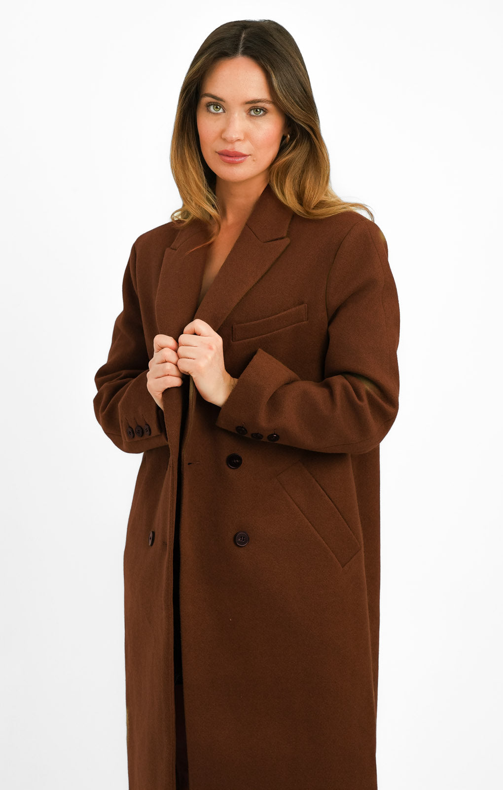 Topshop Petite Double Breasted Long Coat In Brown