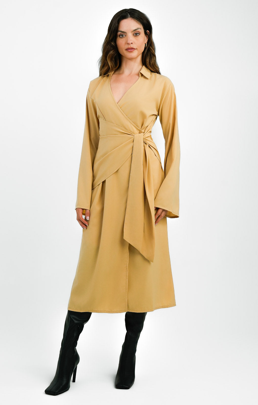 Pretty Lavish Wrap Midi Shirt Dress In Camel – dresses by Pretty Lavish, available to rent from Hirestreet