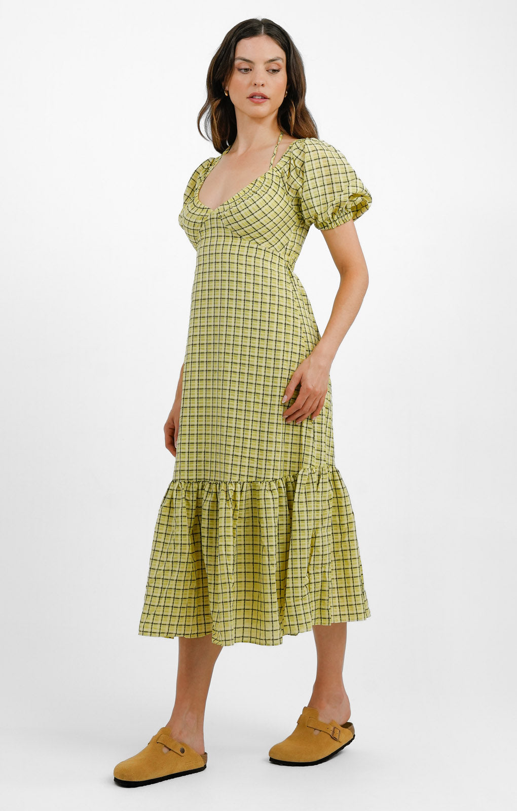 Topshop Textured Check Bust Cup Midi Dress In Lime