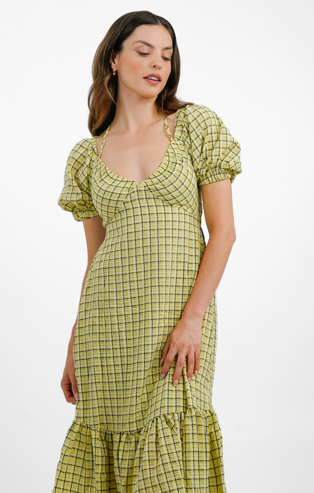 Topshop Textured Check Bust Cup Midi Dress In Lime