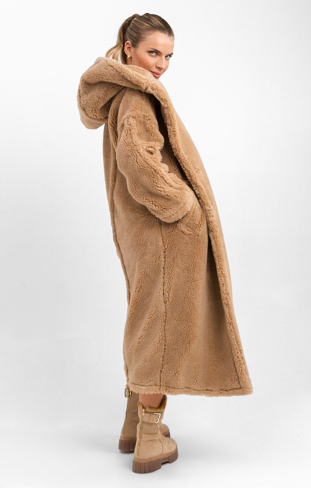 Topshop Hooded Borg Coat In Camel