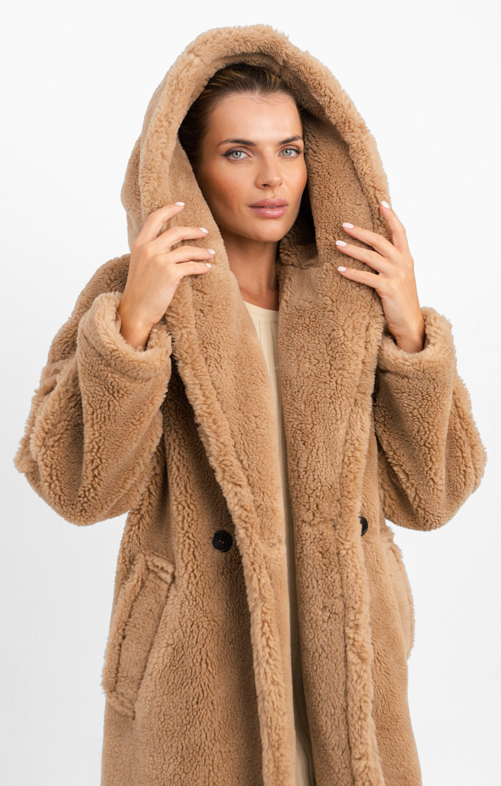 Topshop Hooded Borg Coat In Camel