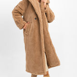 Topshop Hooded Borg Coat In Camel