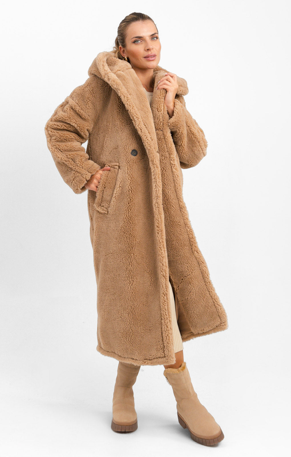Topshop Hooded Borg Coat In Camel